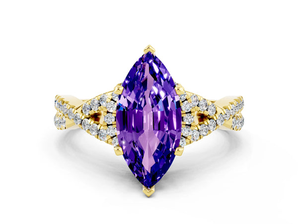 Yellow gold Marquise Cut Tanzanite  Halo Twist Band Solitaire Prong Setting Ring