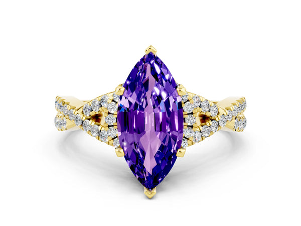 Yellow gold Marquise Cut Tanzanite  Halo Twist Band Solitaire Prong Setting Ring
