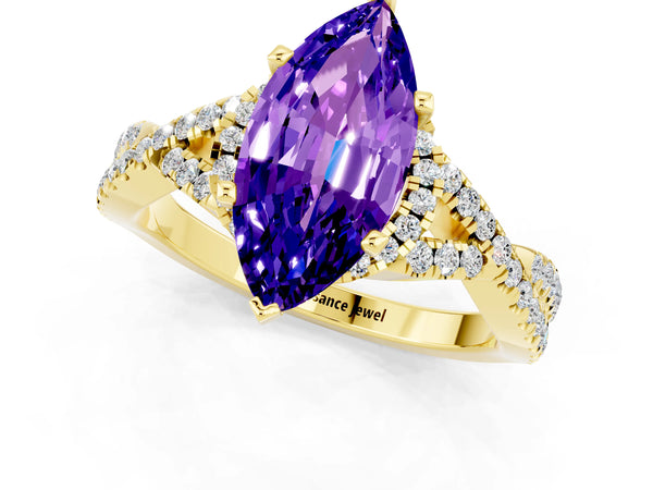 Yellow gold Marquise Cut Tanzanite  Halo Twist Band Solitaire Prong Setting Ring
