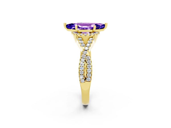 Yellow gold Marquise Cut Tanzanite  Halo Twist Band Solitaire Prong Setting Ring