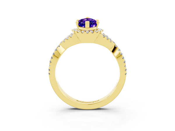 Yellow gold Marquise Cut Tanzanite  Halo Twist Band Solitaire Prong Setting Ring