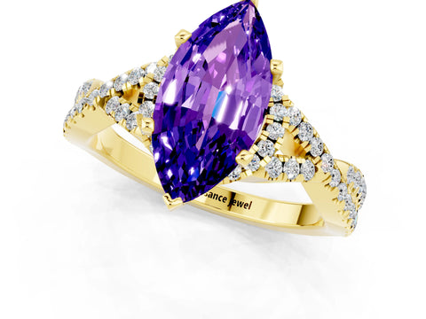 Yellow gold Marquise Cut Tanzanite Halo Twist Band Solitaire Prong Setting Ring_1