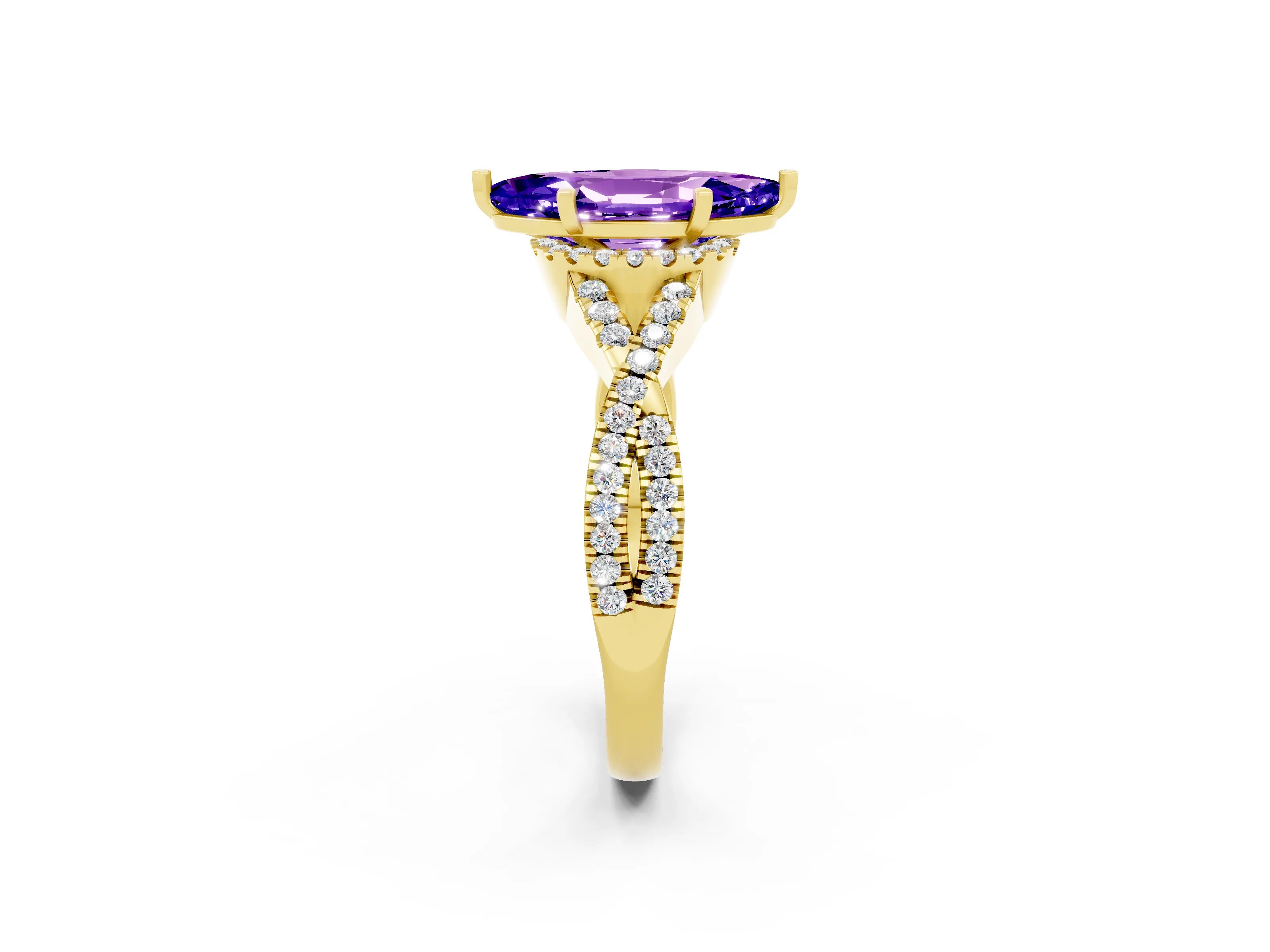 Yellow gold Marquise Cut Tanzanite Halo Twist Band Solitaire Prong Setting Ring_2