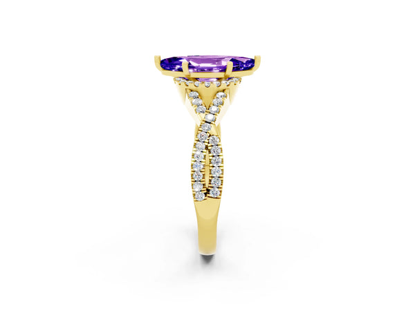Yellow gold Marquise Cut Tanzanite  Halo Twist Band Solitaire Prong Setting Ring