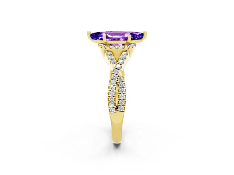 Yellow gold Marquise Cut Tanzanite Halo Twist Band Solitaire Prong Setting Ring_2