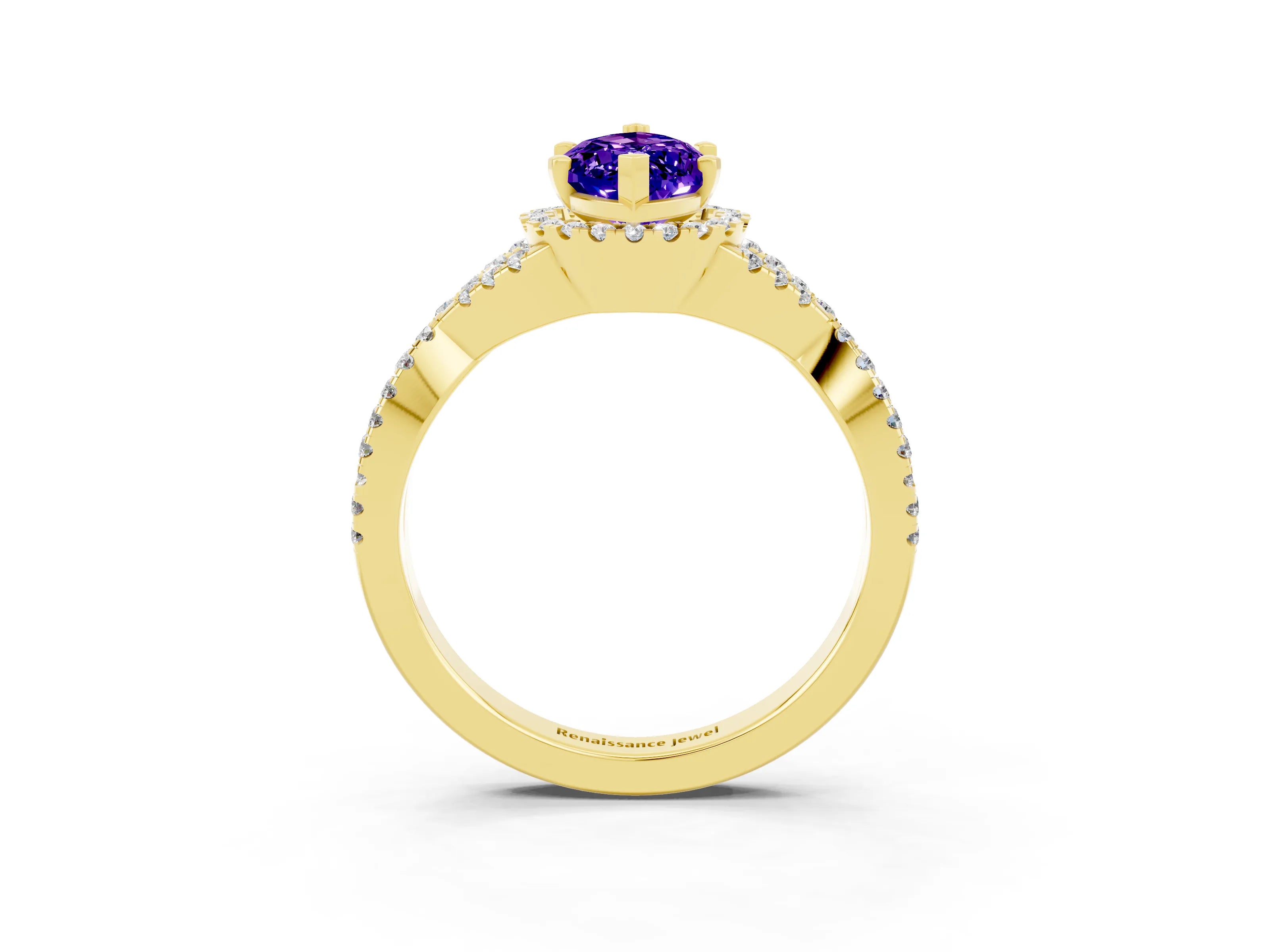 Yellow gold Marquise Cut Tanzanite Halo Twist Band Solitaire Prong Setting Ring_3