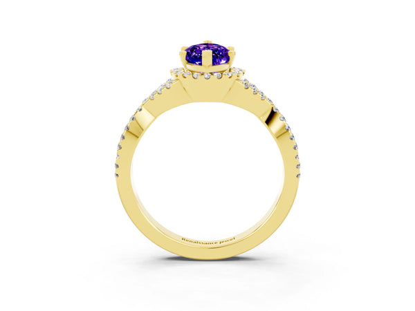 Yellow gold Marquise Cut Tanzanite  Halo Twist Band Solitaire Prong Setting Ring