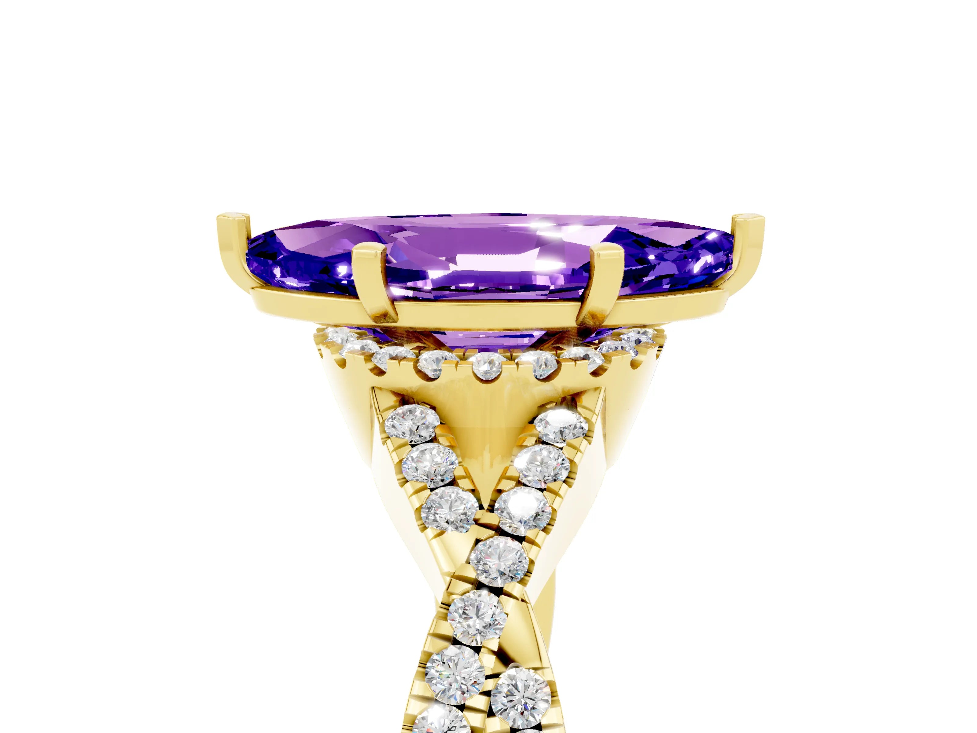Yellow gold Marquise Cut Tanzanite Halo Twist Band Solitaire Prong Setting Ring_5
