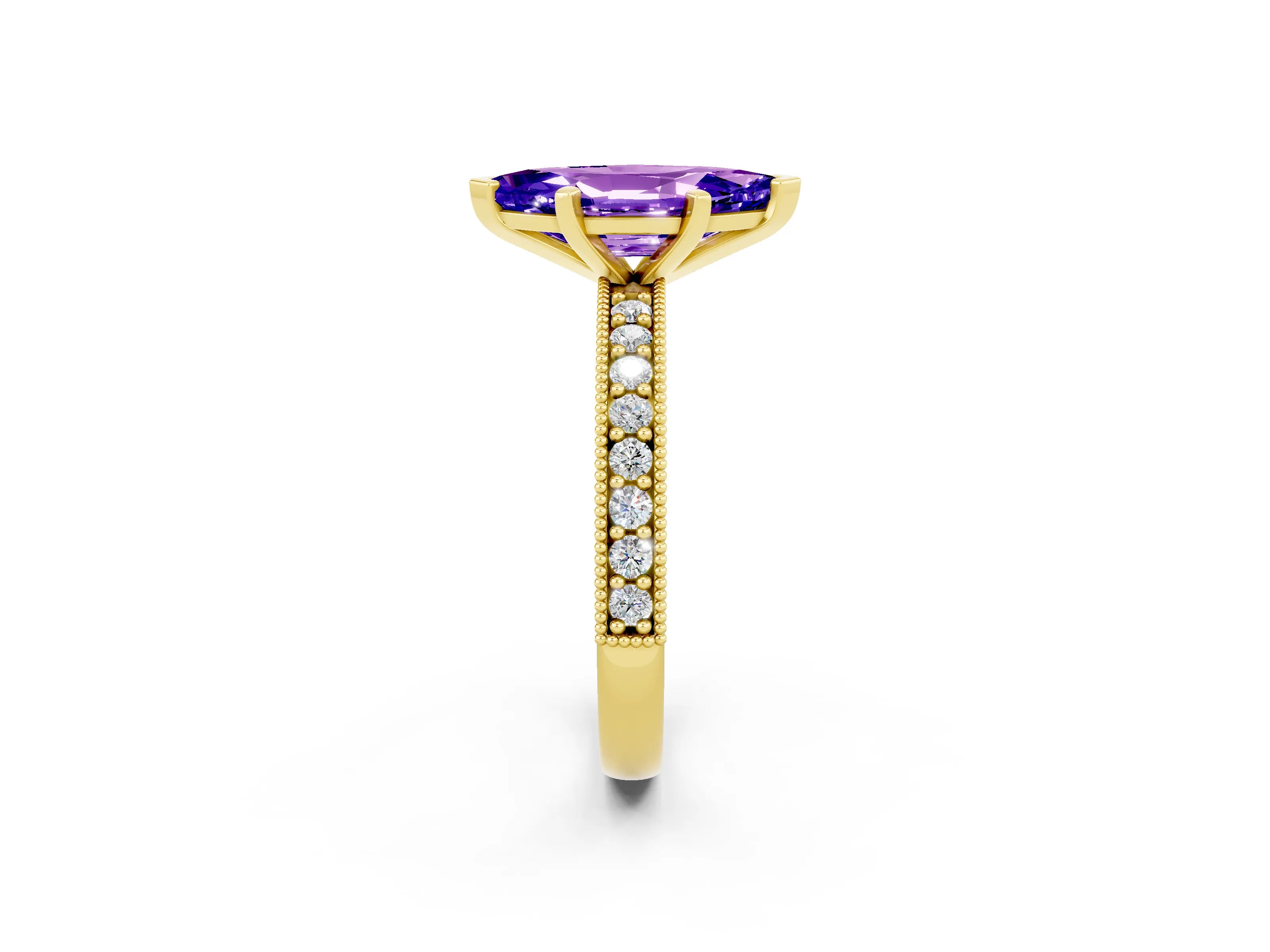 Yellow gold Marquise Cut Tanzanite Milgrain Pavé Engagement Ring with Four-Prong Setting_2