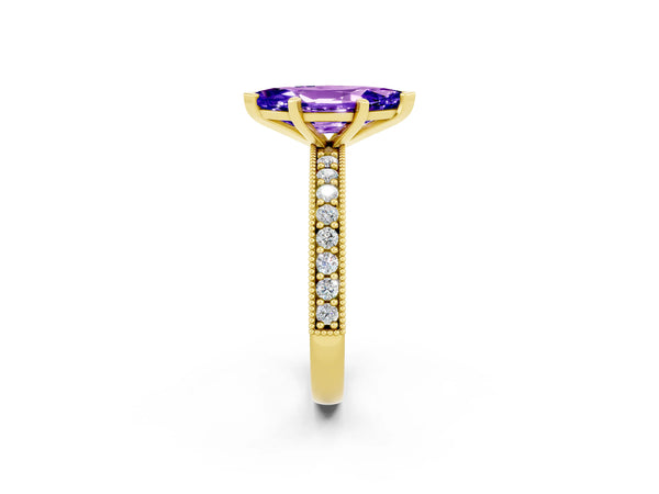 Yellow gold Marquise Cut Tanzanite Milgrain Pavé Engagement Ring with Four-Prong Setting