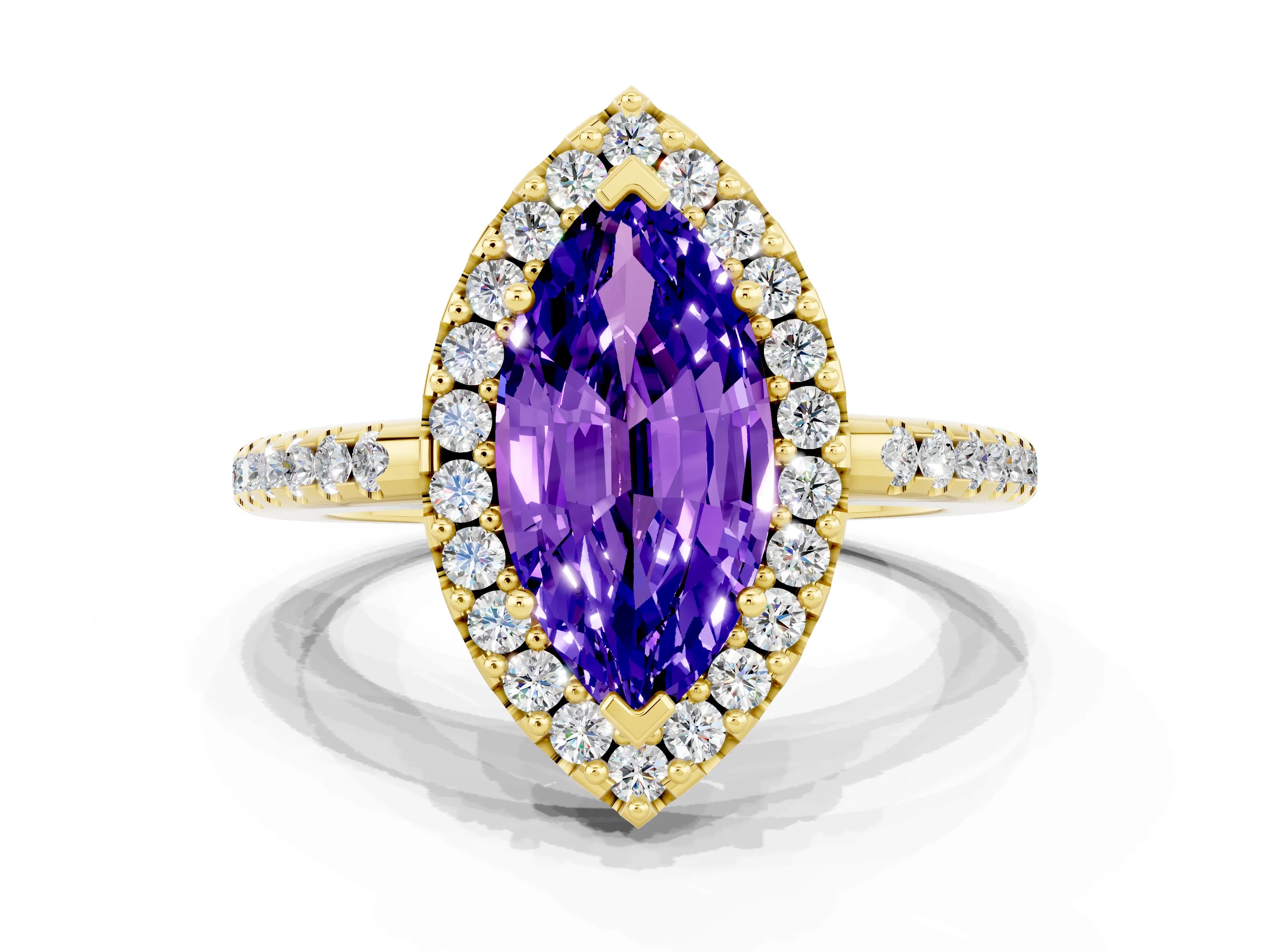 Yellow gold Marquise Cut Tanzanite Pavé Halo Ring with Four-Prong Setting_12