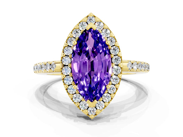 Yellow gold Marquise Cut Tanzanite Pavé Halo Ring with Four-Prong Setting