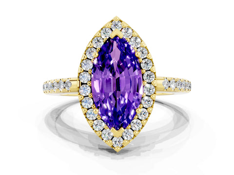Yellow gold Marquise Cut Tanzanite Pavé Halo Ring with Four-Prong Setting_12