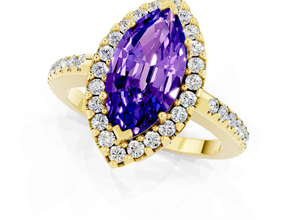 Yellow gold Marquise Cut Tanzanite Pavé Halo Ring with Four-Prong Setting