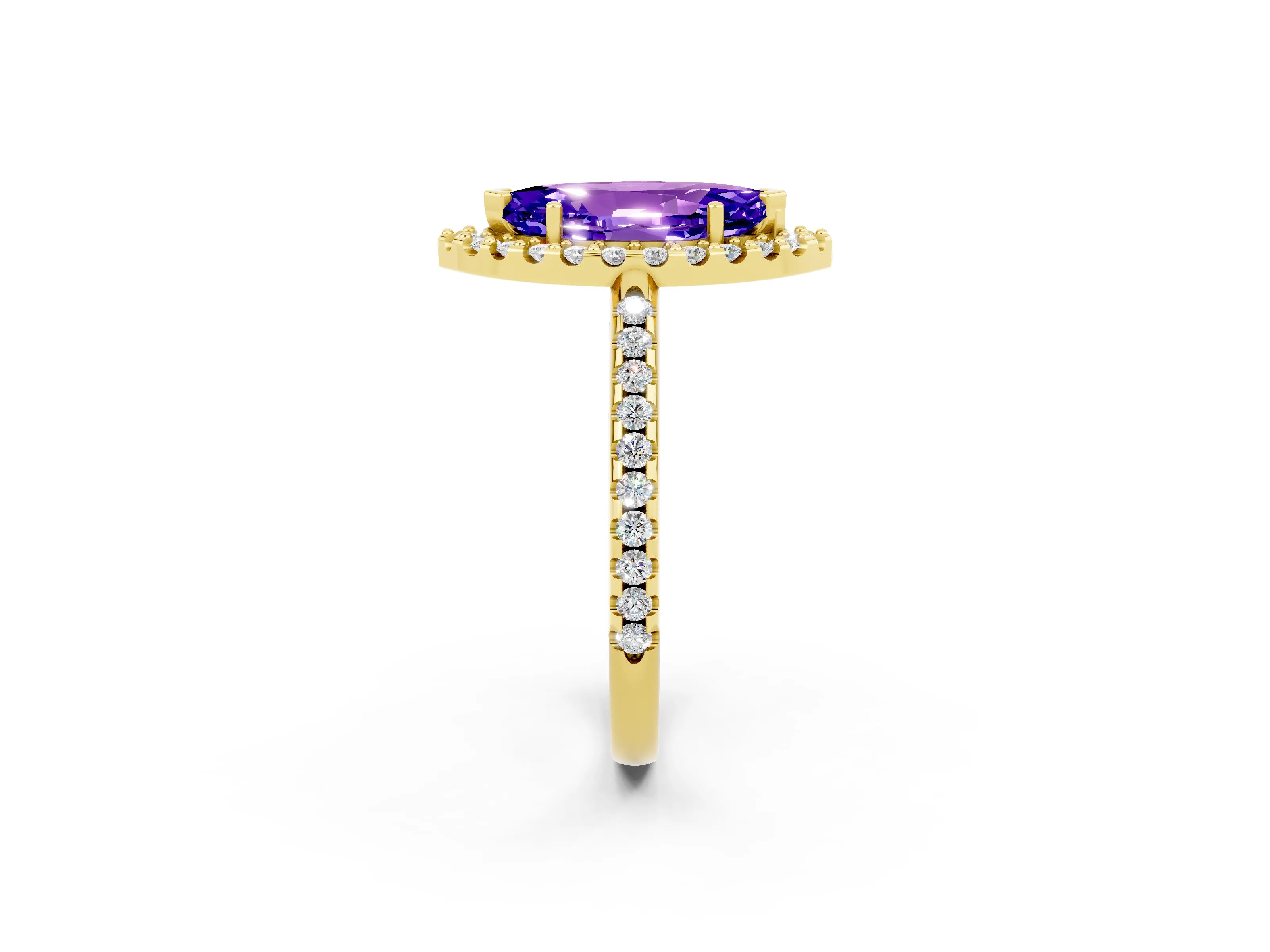 Yellow gold Marquise Cut Tanzanite Pavé Halo Ring with Four-Prong Setting_14