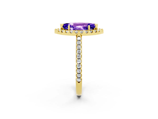 Yellow gold Marquise Cut Tanzanite Pavé Halo Ring with Four-Prong Setting