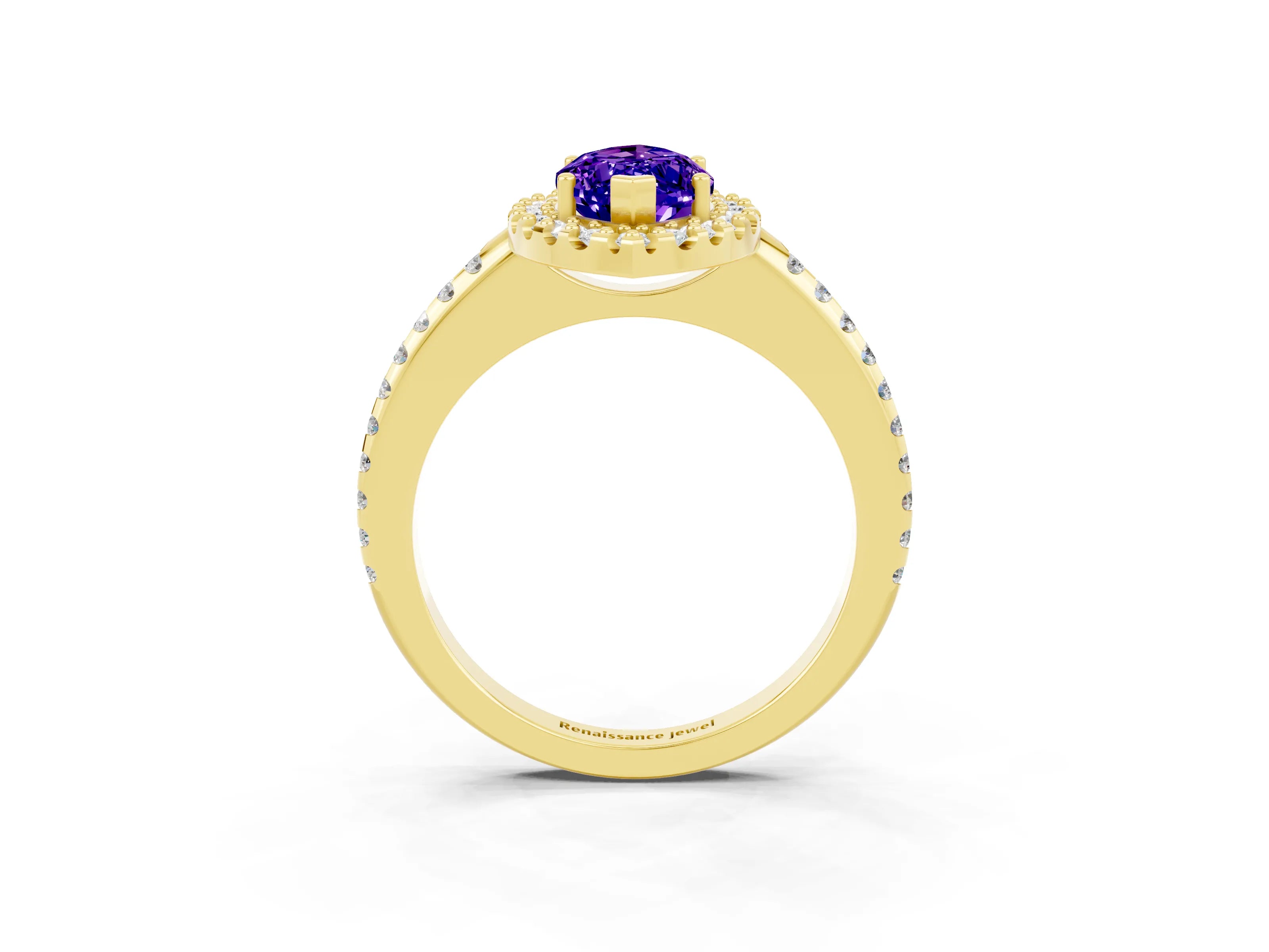 Yellow gold Marquise Cut Tanzanite Pavé Halo Ring with Four-Prong Setting_15