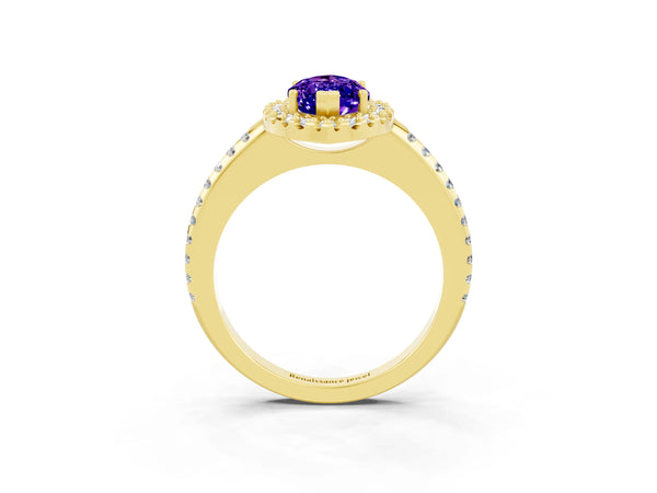 Yellow gold Marquise Cut Tanzanite Pavé Halo Ring with Four-Prong Setting