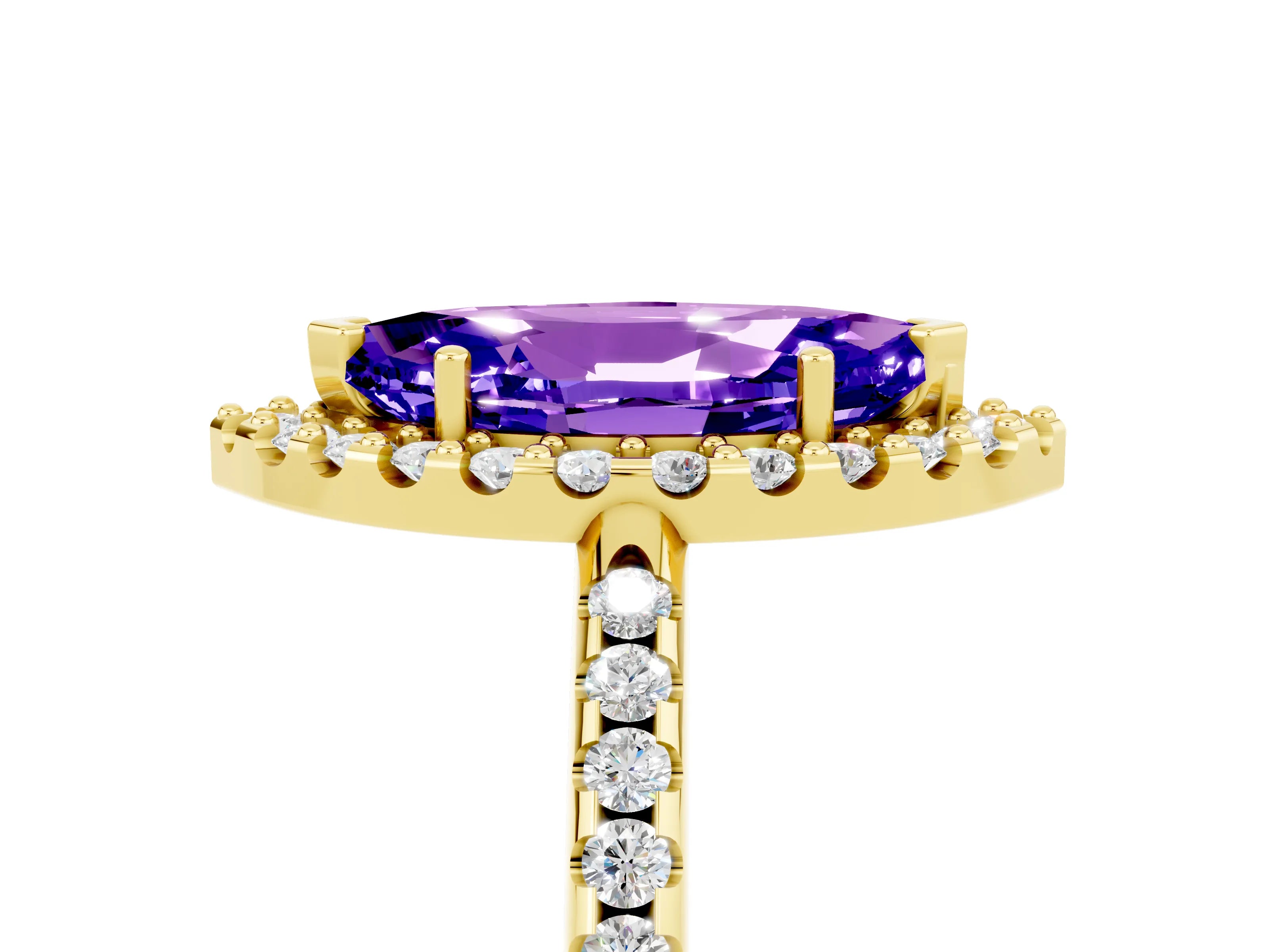 Yellow gold Marquise Cut Tanzanite Pavé Halo Ring with Four-Prong Setting_17