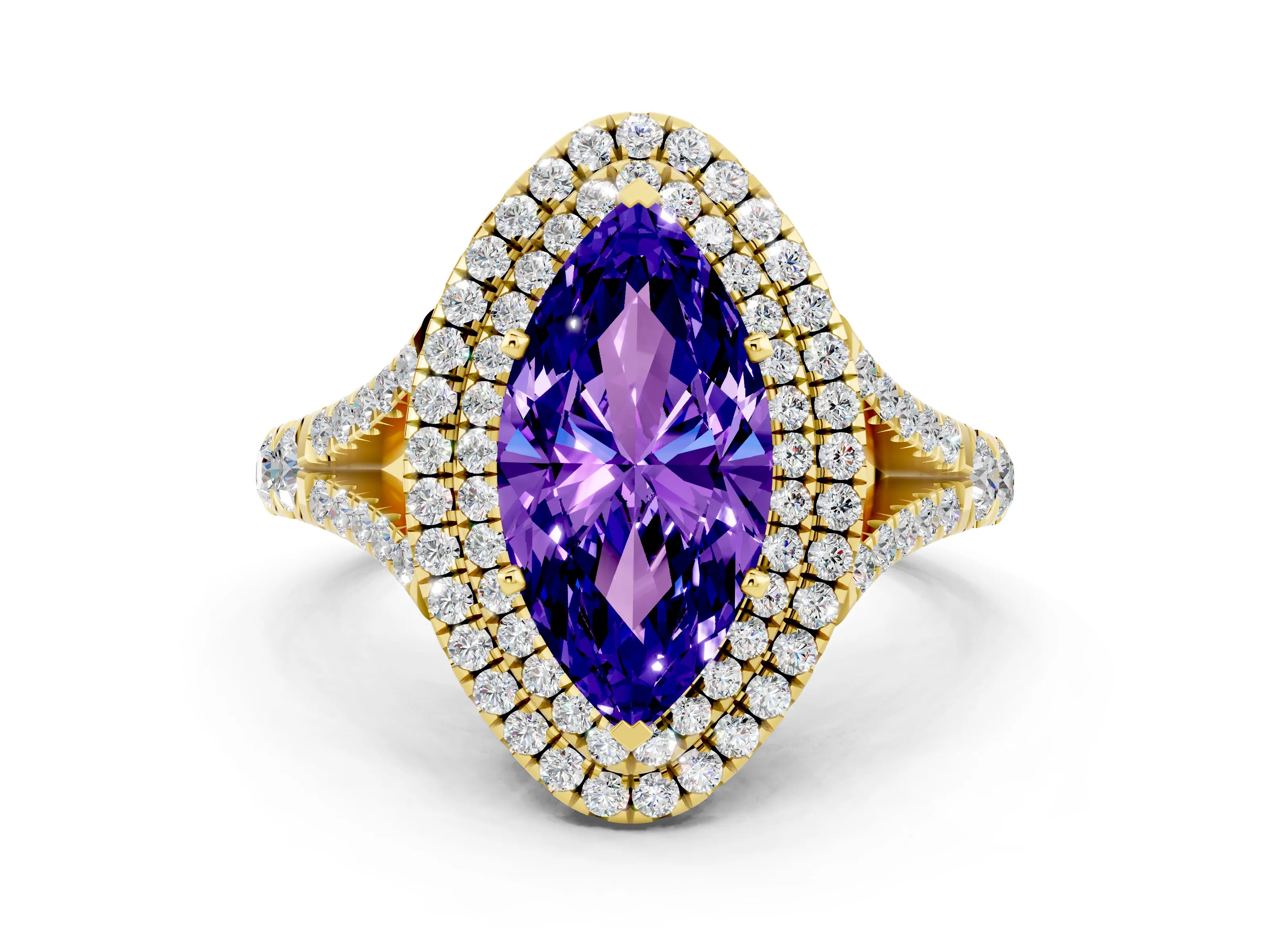 Yellow gold Marquise Cut Tanzanite Pavé Split Shank Double Halo Engagement Ring
