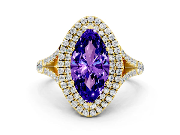 Yellow gold Marquise Cut Tanzanite Pavé Split Shank Double Halo Engagement Ring