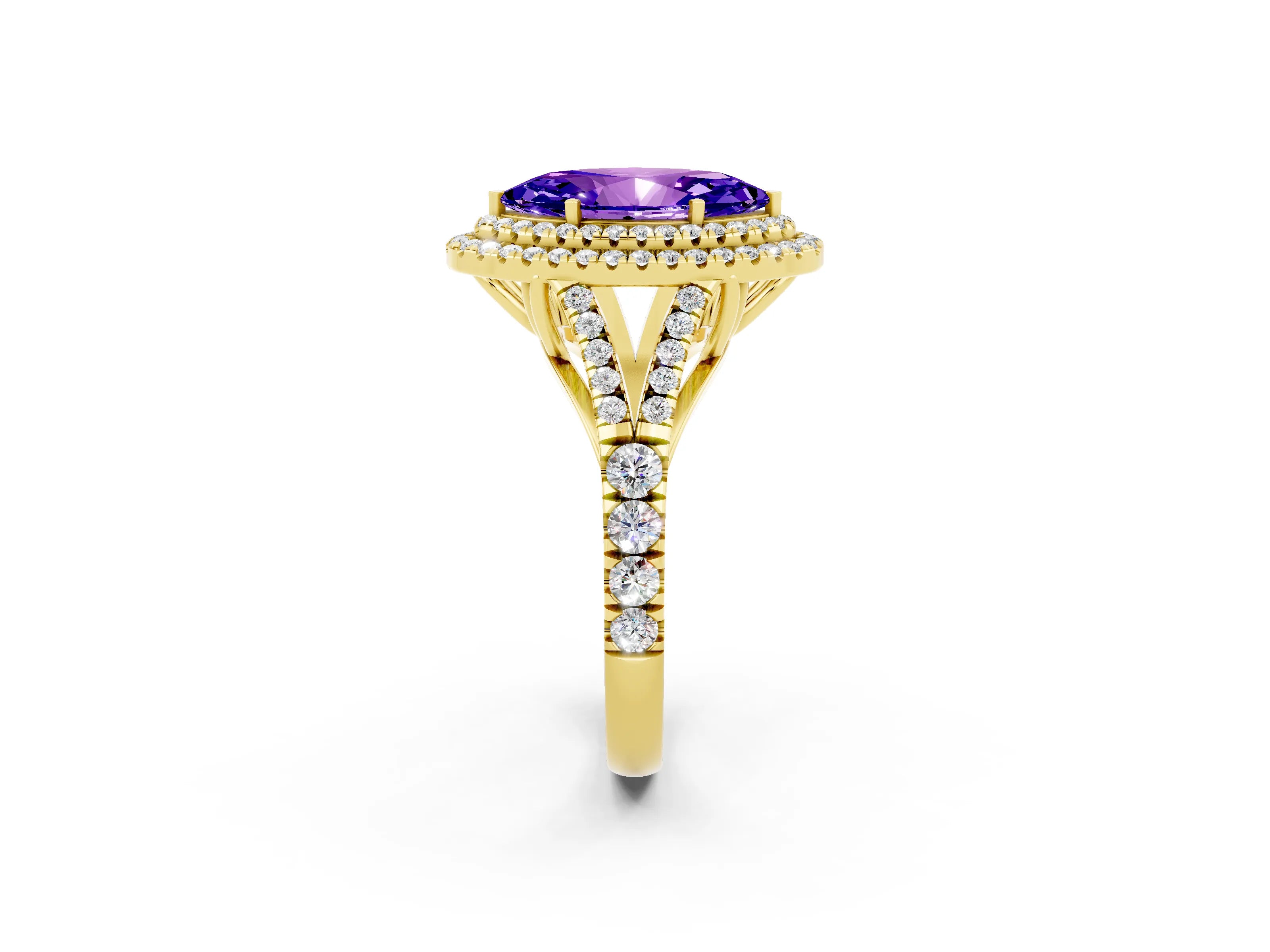 Yellow gold Marquise Cut Tanzanite Pavé Split Shank Double Halo Engagement Ring_2