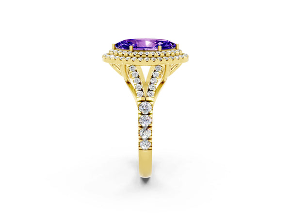 Yellow gold Marquise Cut Tanzanite Pavé Split Shank Double Halo Engagement Ring