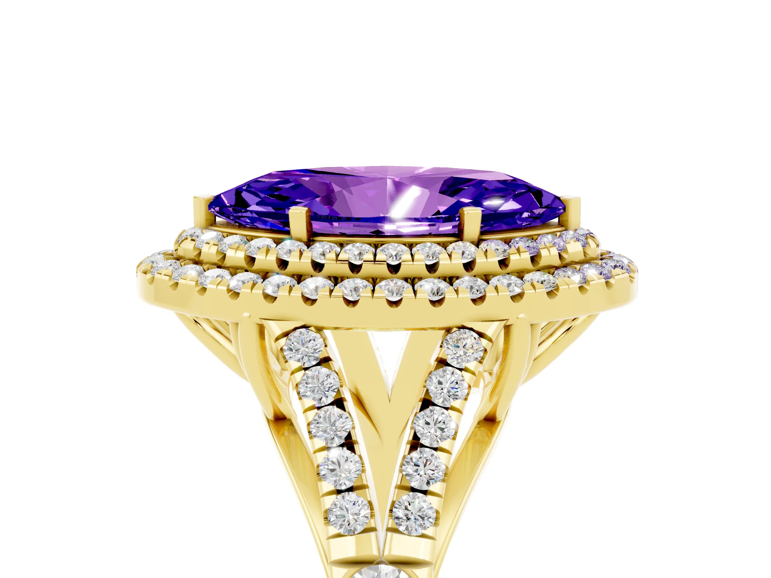 Yellow gold Marquise Cut Tanzanite Pavé Split Shank Double Halo Engagement Ring_5