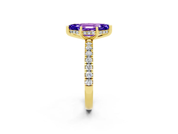 Yellow gold Marquise Cut Tanzanite Pave Band Solitaire Ring with Round  and Prong Setting