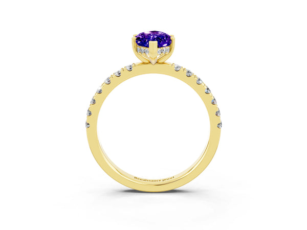 Yellow gold Marquise Cut Tanzanite Pave Band Solitaire Ring with Round  and Prong Setting