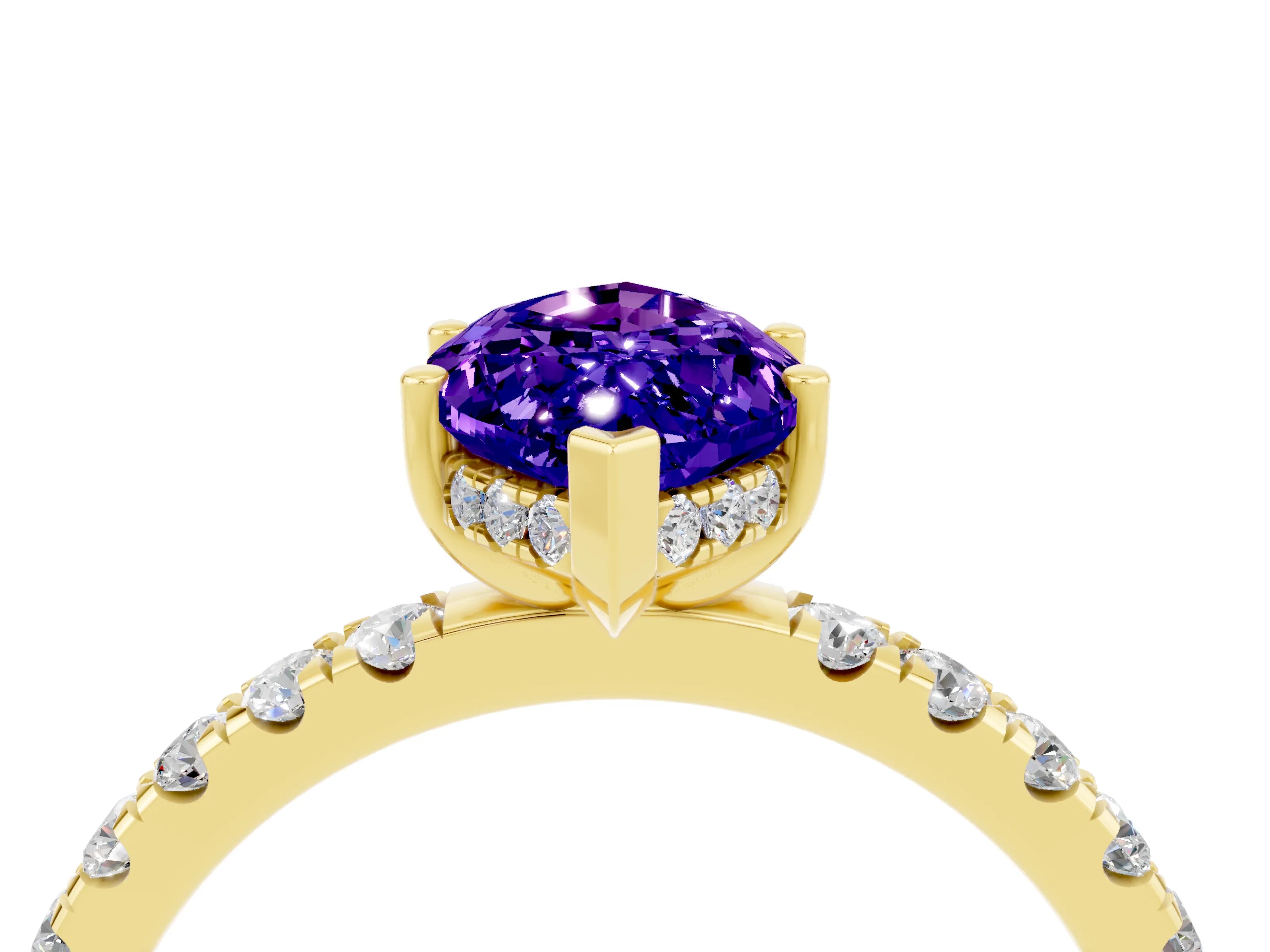 Yellow gold Marquise Cut Tanzanite Pave Band Solitaire Ring with Four-Prong Setting_4