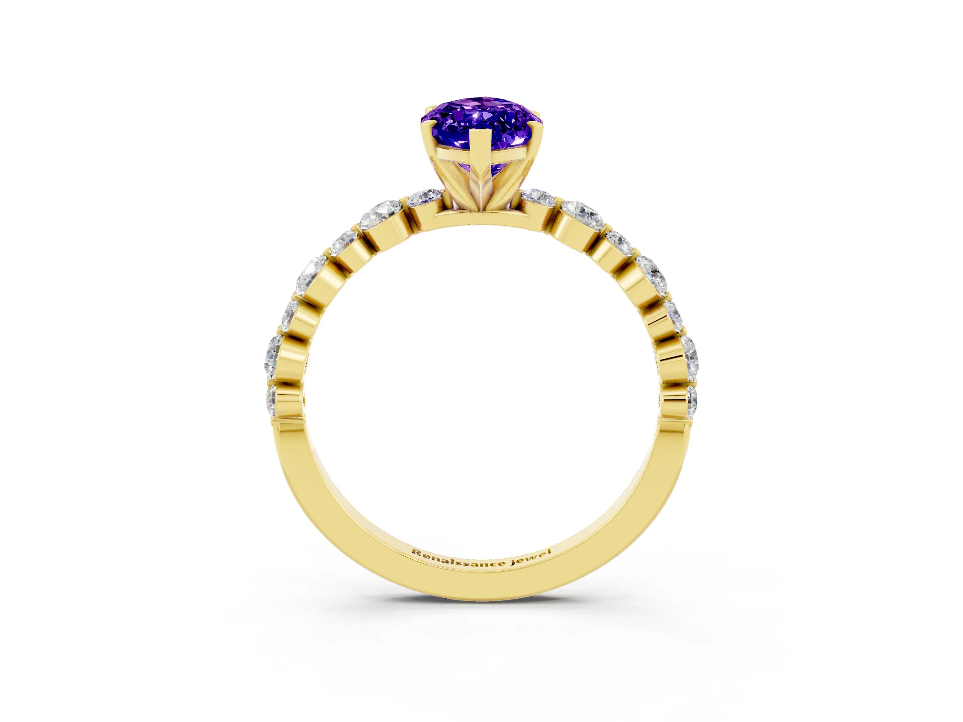 Yellow gold Marquise Cut Tanzanite Prong Set Engagement Ring with Pavé Band_3