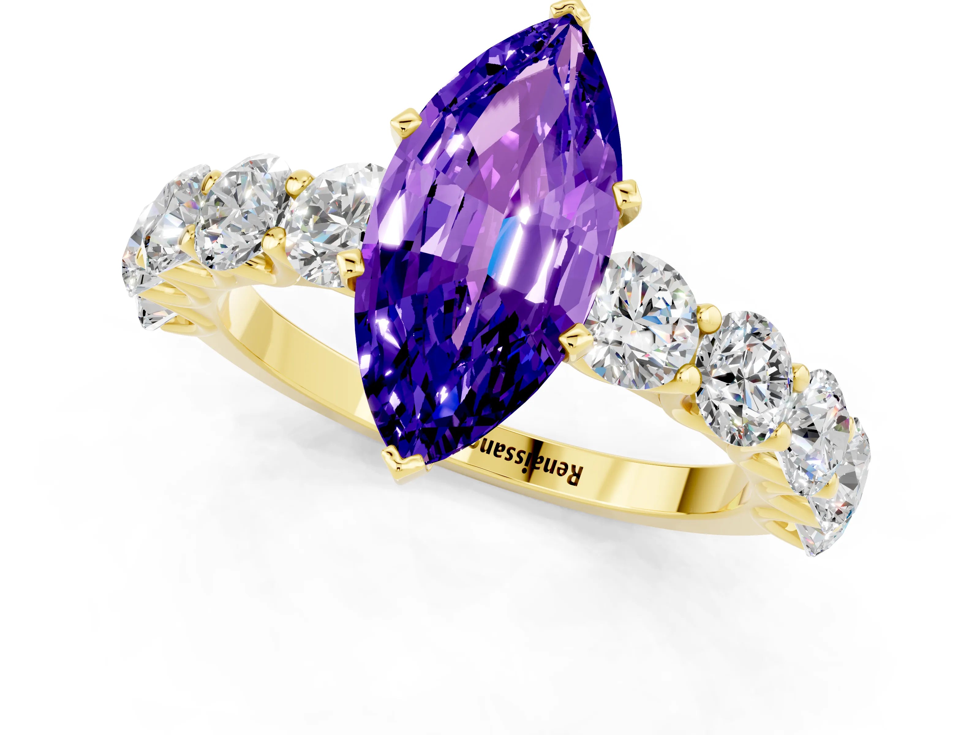 Yellow gold Marquise Cut Tanzanite Prong Setting with Side Stones on a Pave Band_1