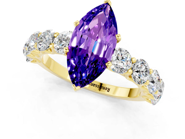 Yellow gold Marquise Cut Tanzanite Prong Setting with Side Stones on a Pave Band