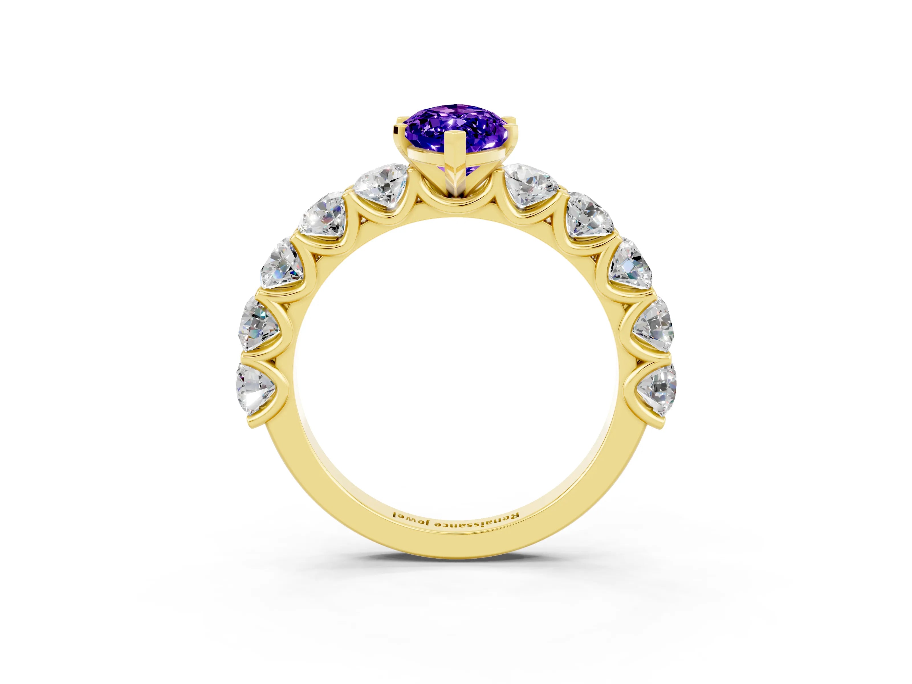 Yellow gold Marquise Cut Tanzanite Prong Setting with Side Stones on a Pave Band_3