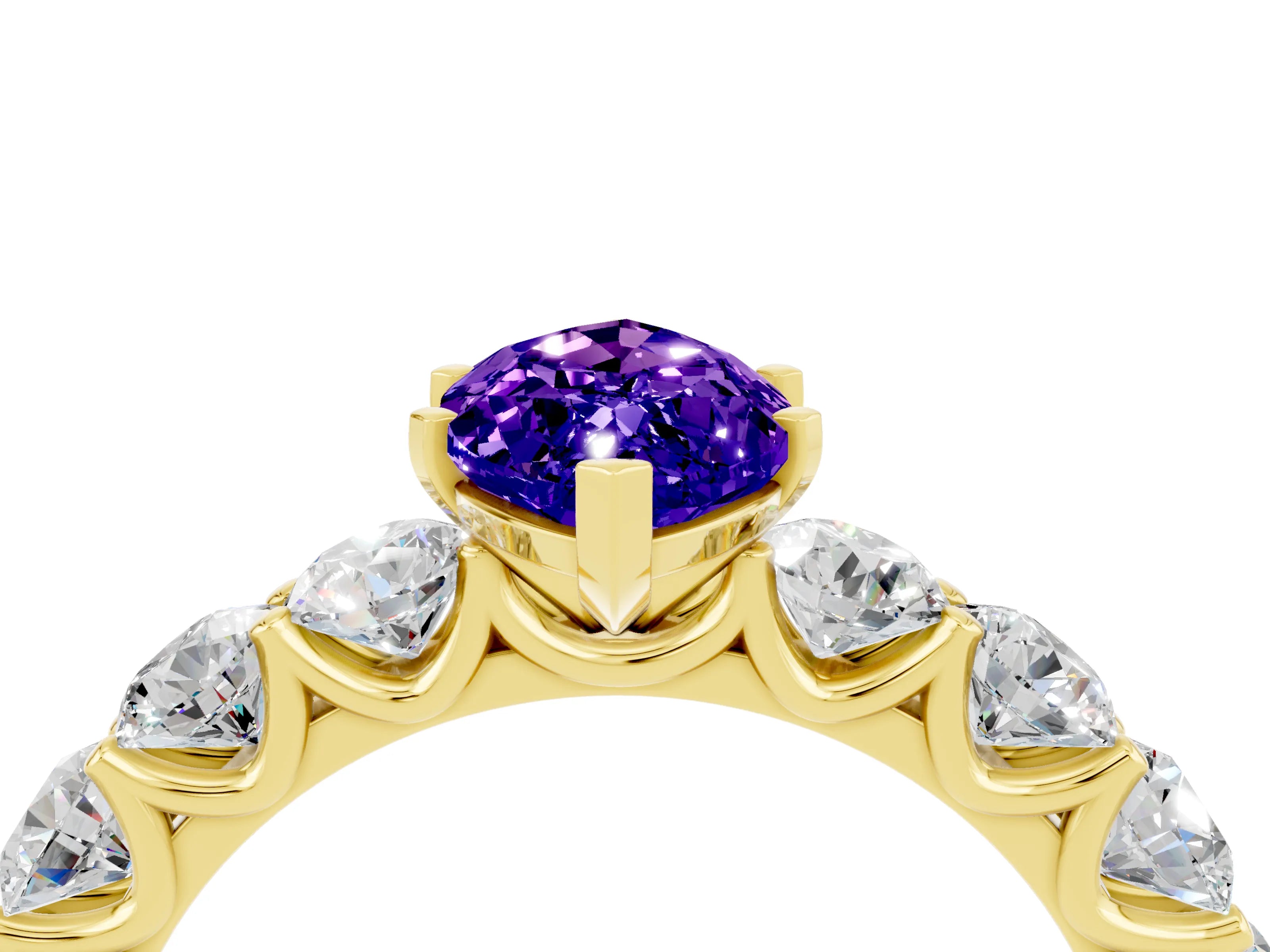 Yellow gold Marquise Cut Tanzanite Prong Setting with Side Stones on a Pave Band_4