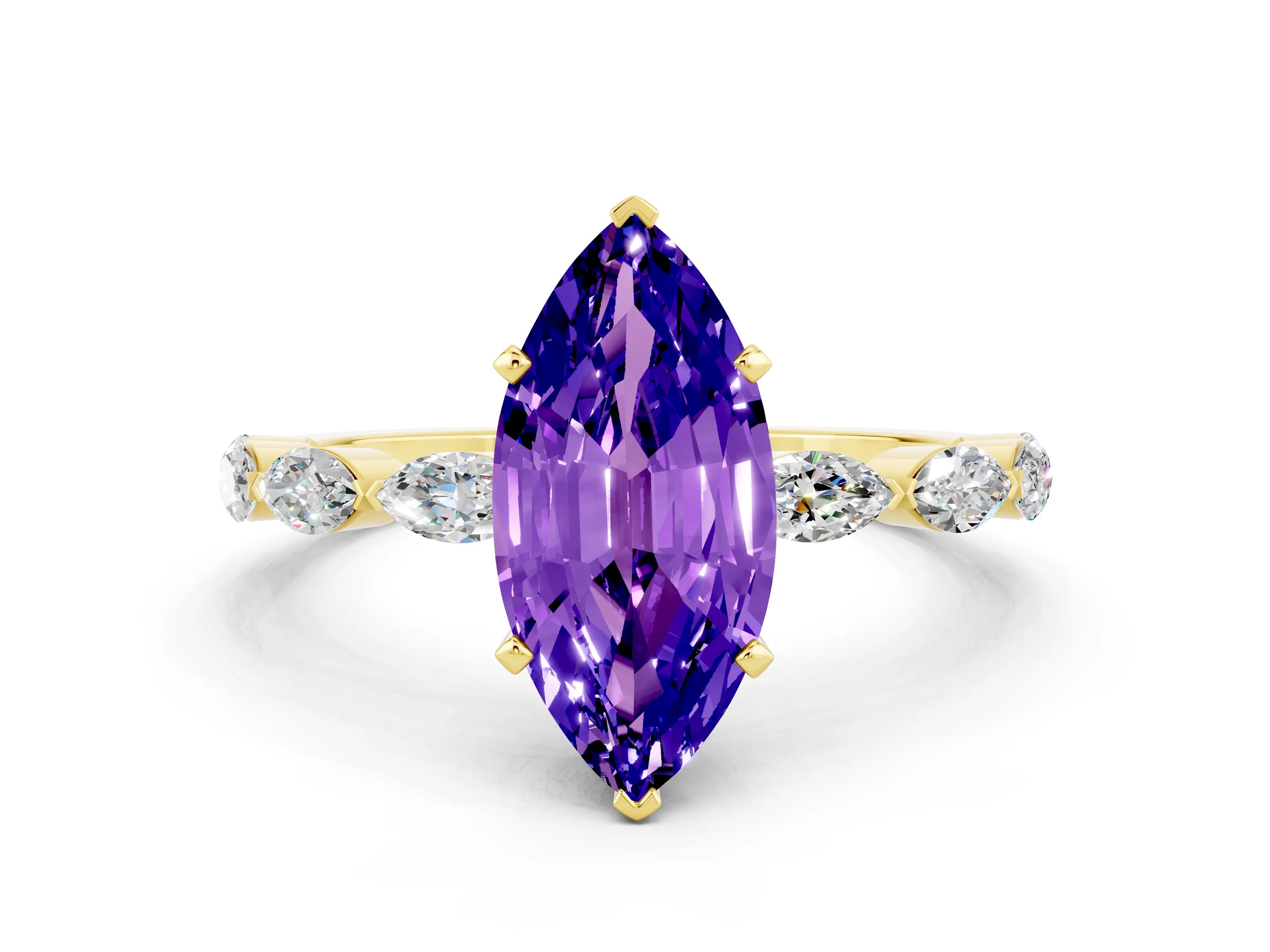 Yellow gold Marquise Cut Tanzanite Ring with Marquise Side Stones and Prong Setting