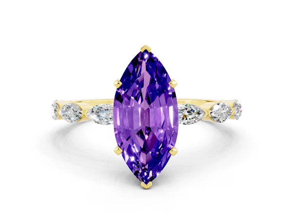 Yellow gold Marquise Cut Tanzanite Ring with Marquise Side Stones and Prong Setting