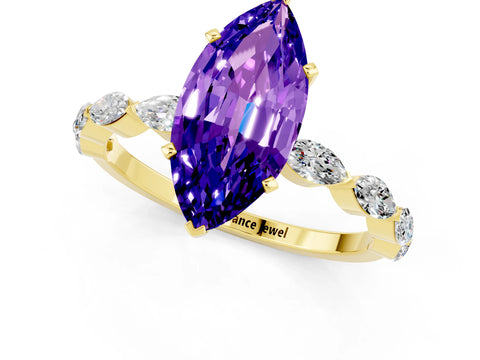 Yellow gold Marquise Cut Tanzanite Ring with Marquise Side Stones and Prong Setting_1