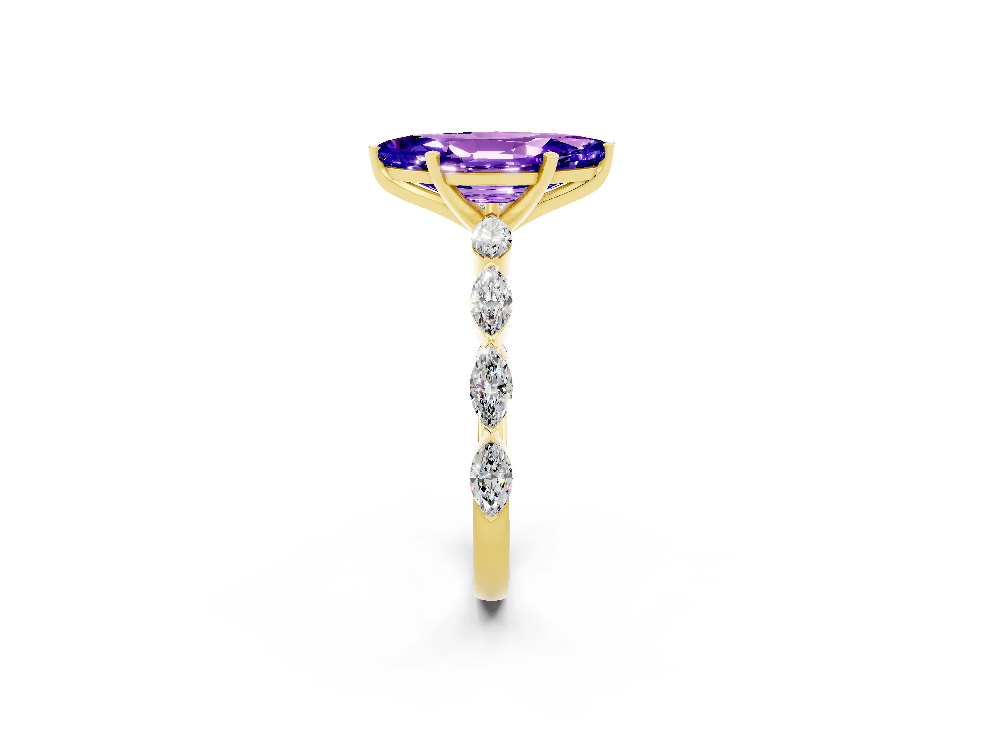 Yellow gold Marquise Cut Tanzanite Ring with Marquise Side Stones and Prong Setting_2