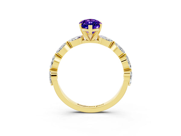 Yellow gold Marquise Cut Tanzanite Ring with Marquise Side Stones and Prong Setting