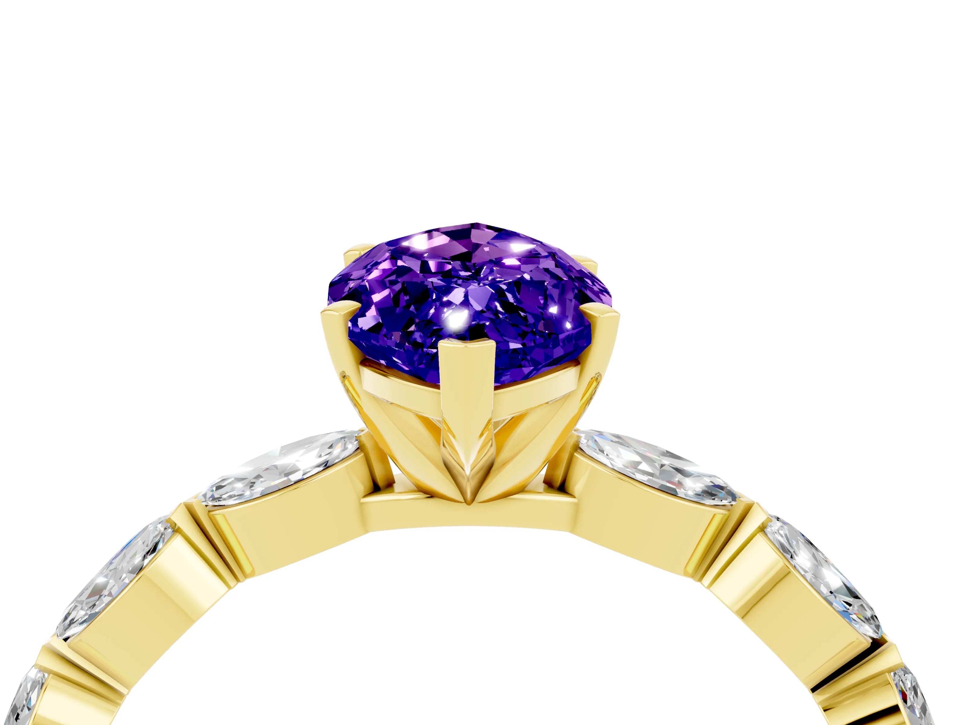 Yellow gold Marquise Cut Tanzanite Ring with Marquise Side Stones and Prong Setting_4