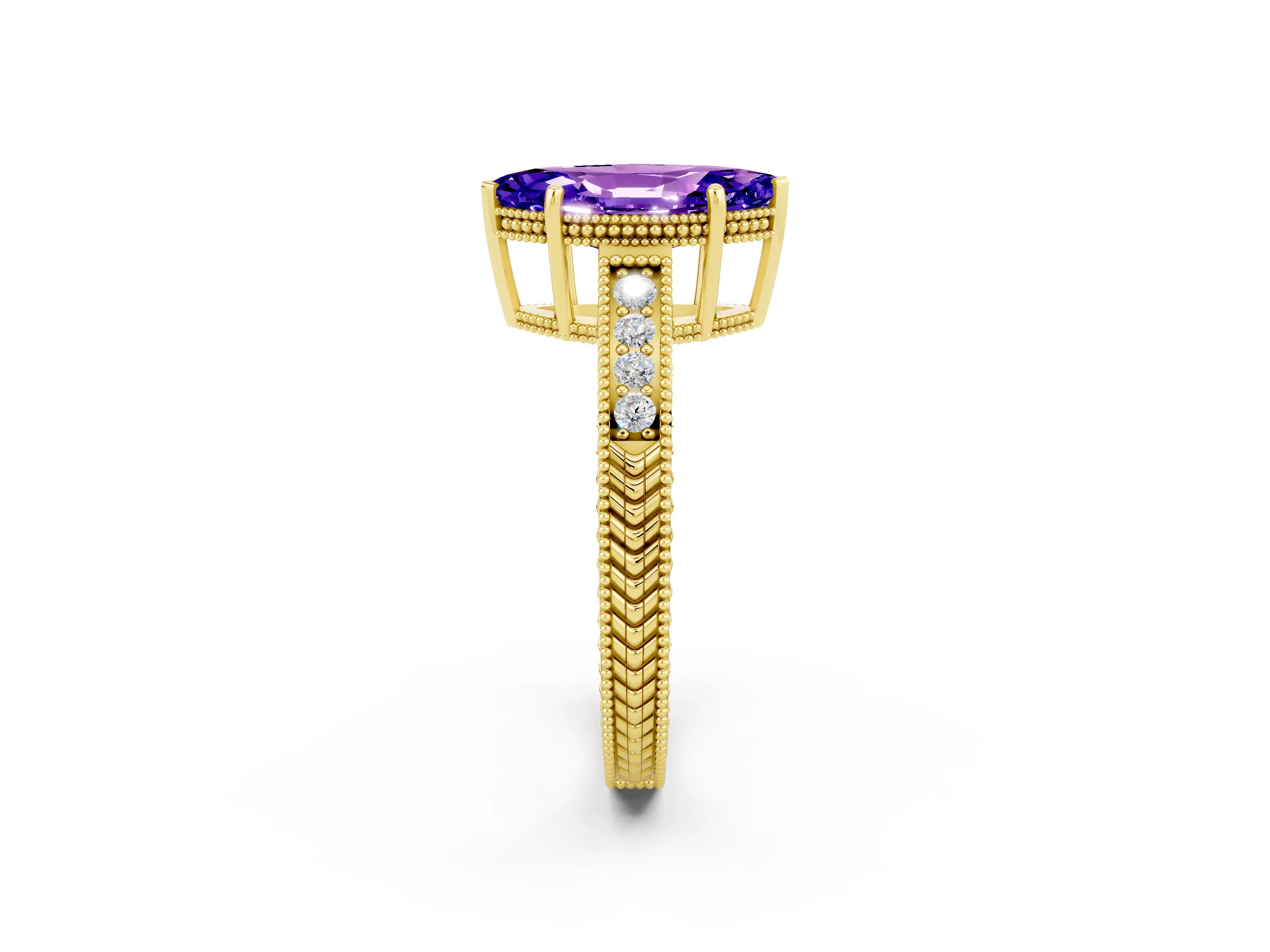 Yellow gold Marquise Cut Tanzanite Ring with Milgrain Pavé Band and Four-Prong Setting_14
