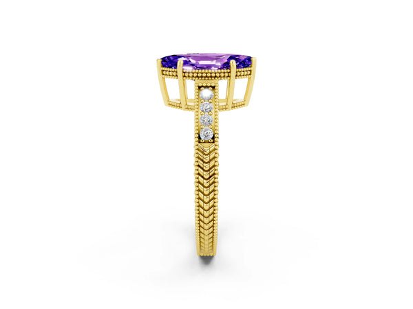 Yellow gold Marquise Cut Tanzanite Ring with Milgrain Pavé Band and Four-Prong Setting