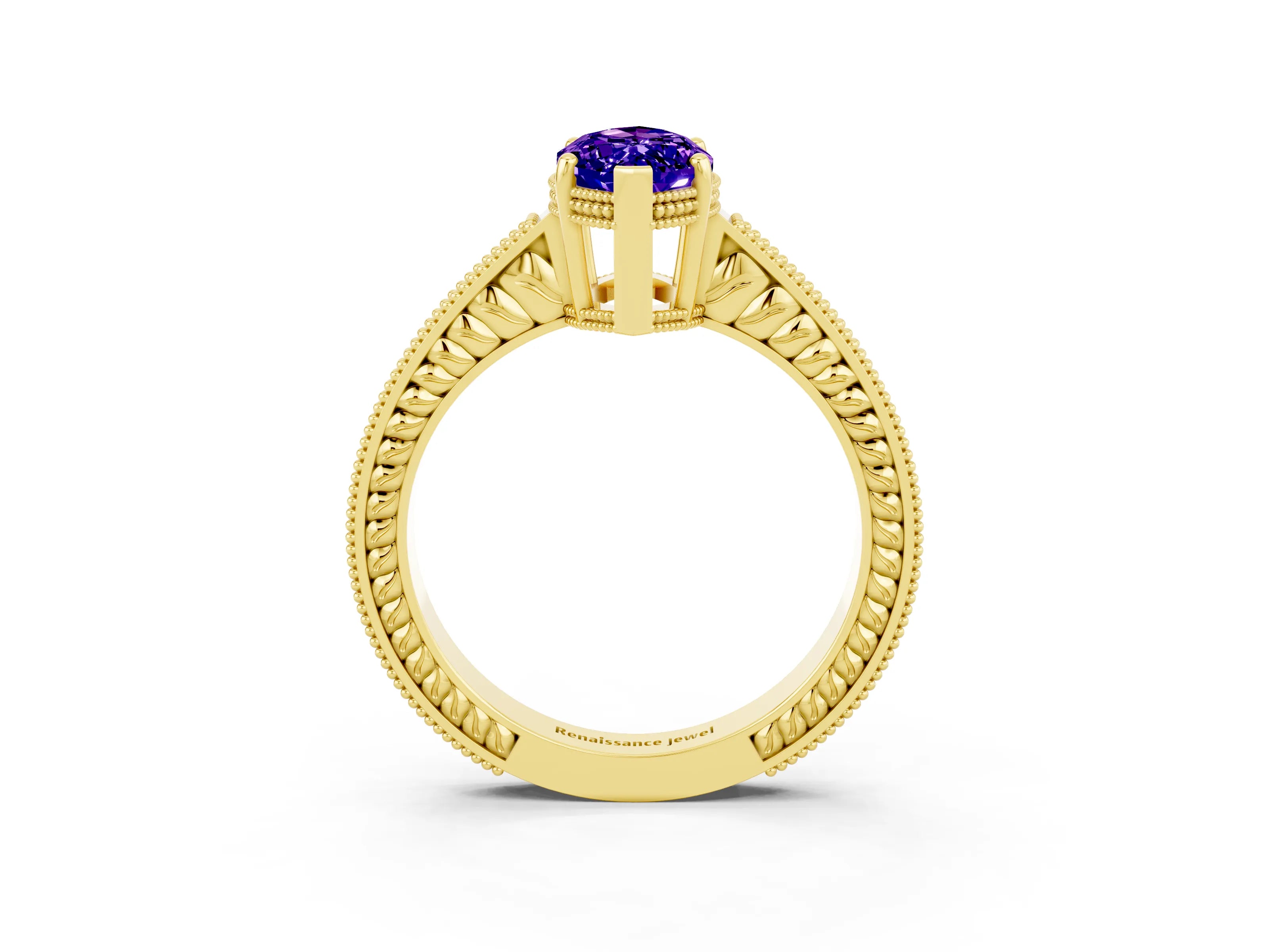 Yellow gold Marquise Cut Tanzanite Ring with Milgrain Pavé Band and Four-Prong Setting_15