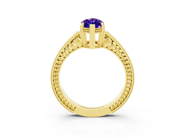 Yellow gold Marquise Cut Tanzanite Ring with Milgrain Pavé Band and Four-Prong Setting