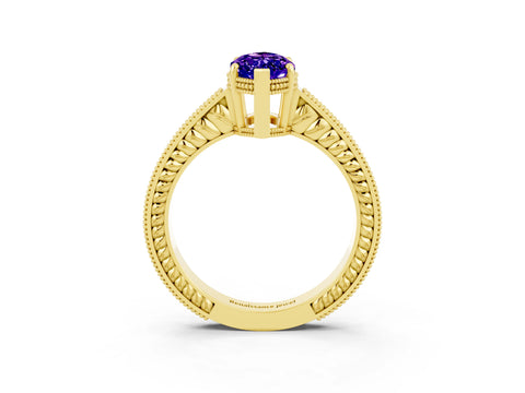 Yellow gold Marquise Cut Tanzanite Ring with Milgrain Pavé Band and Four-Prong Setting_15