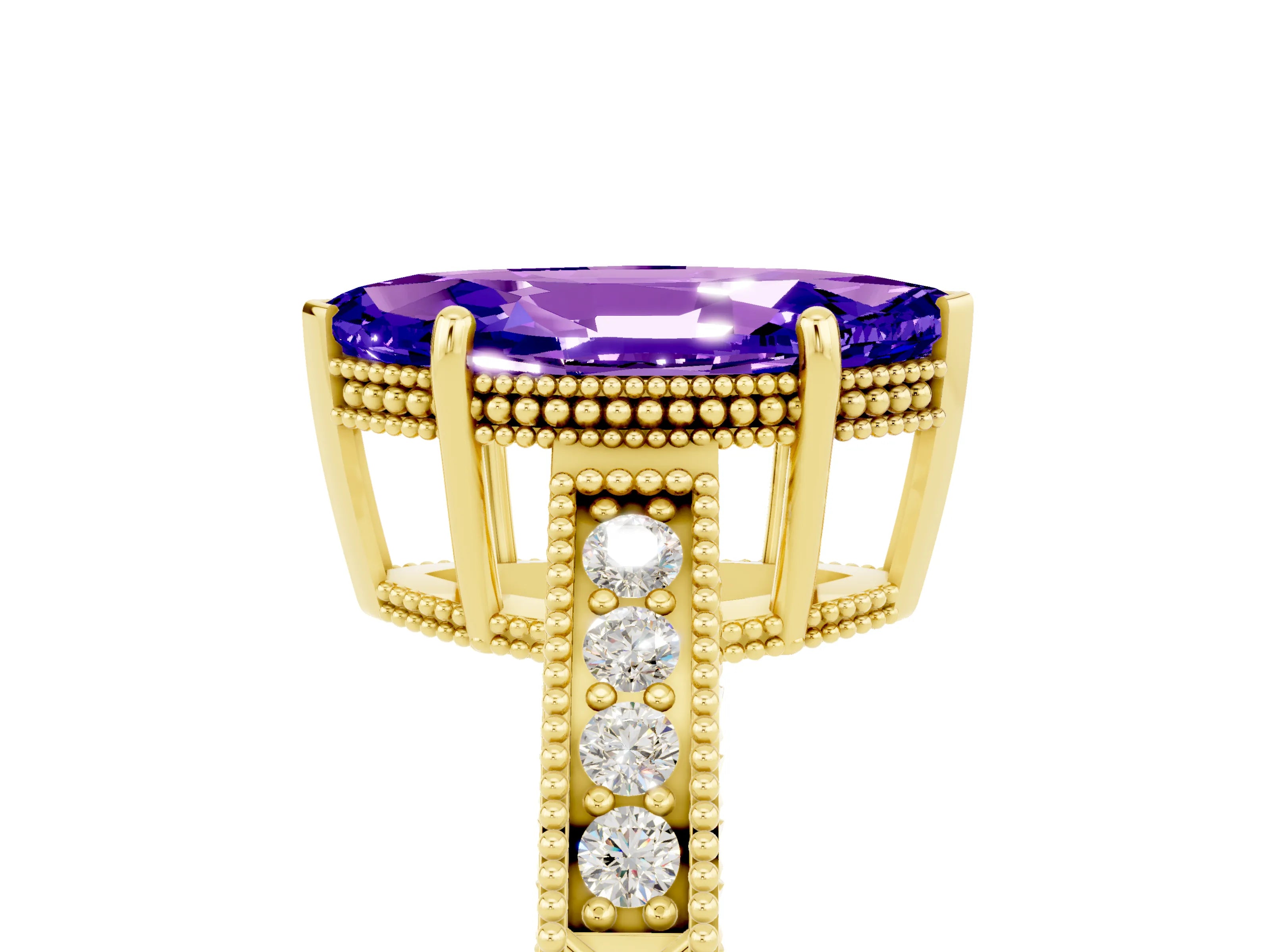 Yellow gold Marquise Cut Tanzanite Ring with Milgrain Pavé Band and Four-Prong Setting_17