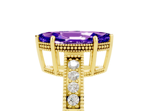 Yellow gold Marquise Cut Tanzanite Ring with Milgrain Pavé Band and Four-Prong Setting_17