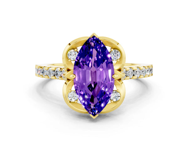 Yellow gold Marquise Cut Tanzanite Ring with Pavé Band and Floral Prong Setting